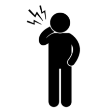 Nekpijn zwart Pictogram van een persoon met een hand bij het hoofd en een pijnmarkering
