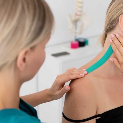 Medical taping Fysiotherapeut brengt tape aan op een schouder.