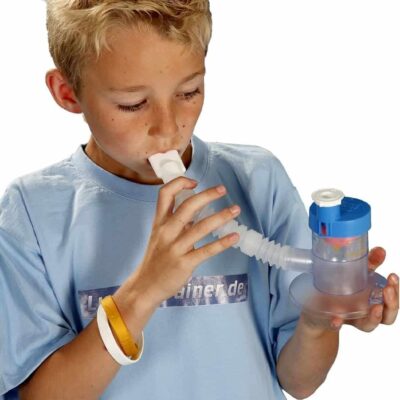 Respiratory aid for asthma and lung disease, child uses inhaler and spacers.