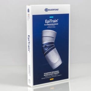 EpiTrain elleboogbrace verpakking en label van Bauereﬁnd op witte achtergrond.