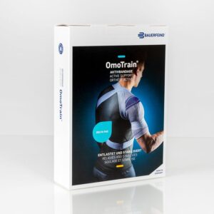 OmoTrain schouderbrace actieve ondersteuning bij schouder verstuiking en stabilisatie in wit en blauw verpakking.