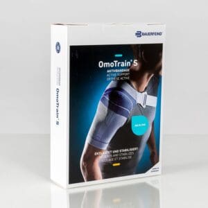 OmoTrain S schouderbrace op productverpakking in doos, zichtbaar merk Bau Gefin, actief ondersteuningsband en schouderbrace klaring.
