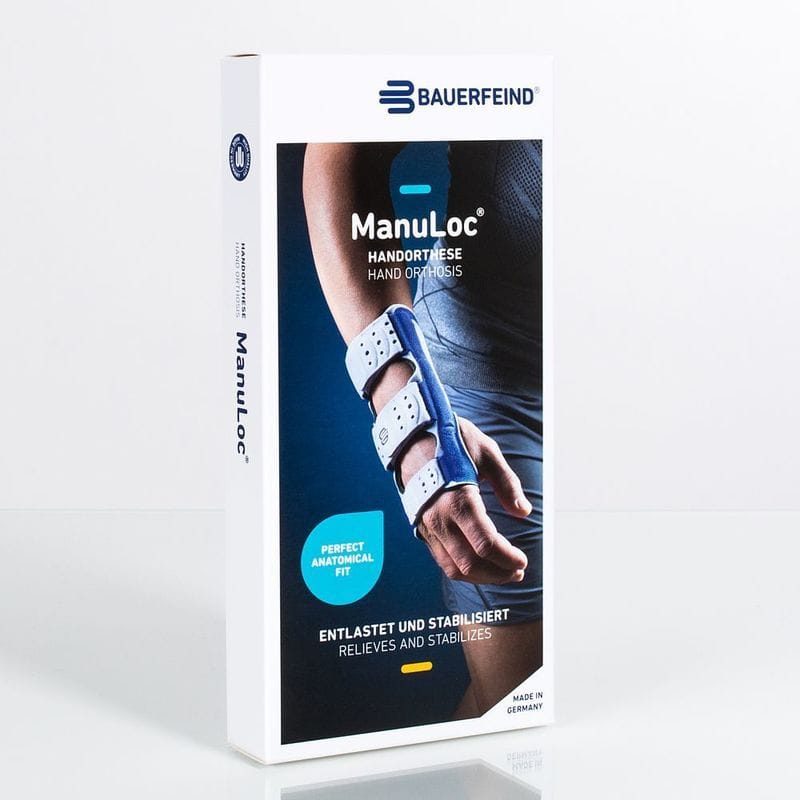ManuLoc wrist brace 2 ManuLoc wrist orthosis brace with three hook-and-loop straps around the wrist, shown in a straight side view on the packaging.