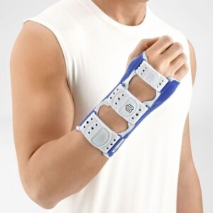 A three-strap wrist brace in white and blue, fastened to the right wrist of a man wearing a white sleeveless shirt.