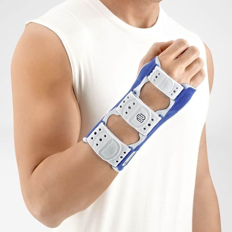ManuLoc wrist brace 1 A three-strap wrist brace in white and blue, fastened to the right wrist of a man wearing a white sleeveless shirt.