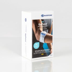 FRISKFYSIO EpiPoint elleboogband armband productverpakking zichtbaar, wit met blauwe accenten.