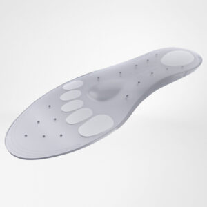 Ergonomische inlegzool met meerdere dempingzones en noppen voor voetondersteuning, ontworpen voor comfort en pijnverlichting.