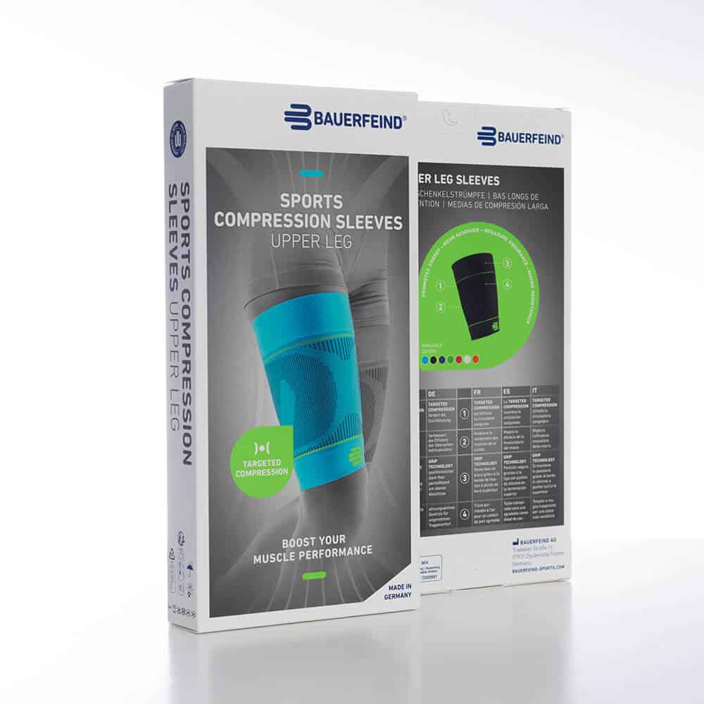 Sports Compression Sleeves Upper Leg 7 FRISKFYSIO sports compressionsleeves upper leg verpakking met groene accenten en blauw elastisch kousje.