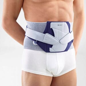 LumboLoc Forte rugorthese rugband met gewrichtsondersteuning en gesp voor rugbracing, model met blauwe en witte padding.
