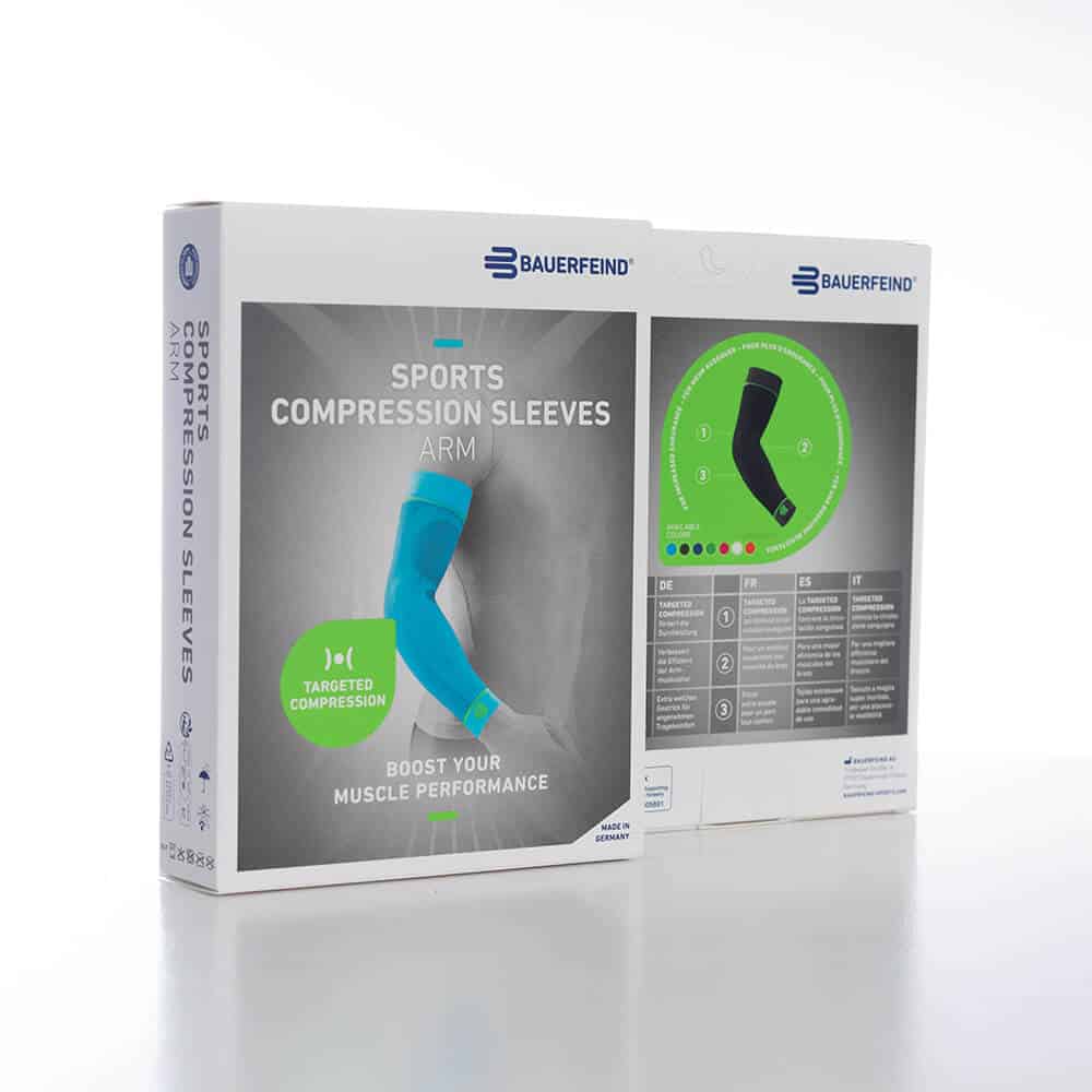 Sports Compression Sleeves Arm 6 Frispe armcompressie mouwen verpakking van Sports Compression Sleeves door Bauferfeind, blauw hulpmiddel voor spierondersteuning en verbeterde prestaties.