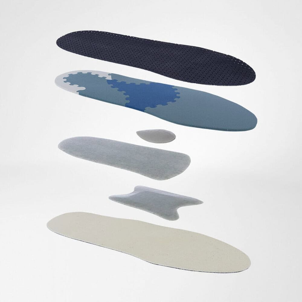 TRIactive® Control 4 Verschillende platte, organische inlegzolen in navy, blauw en aardetinten gerangschikt als gestapelde vormen.