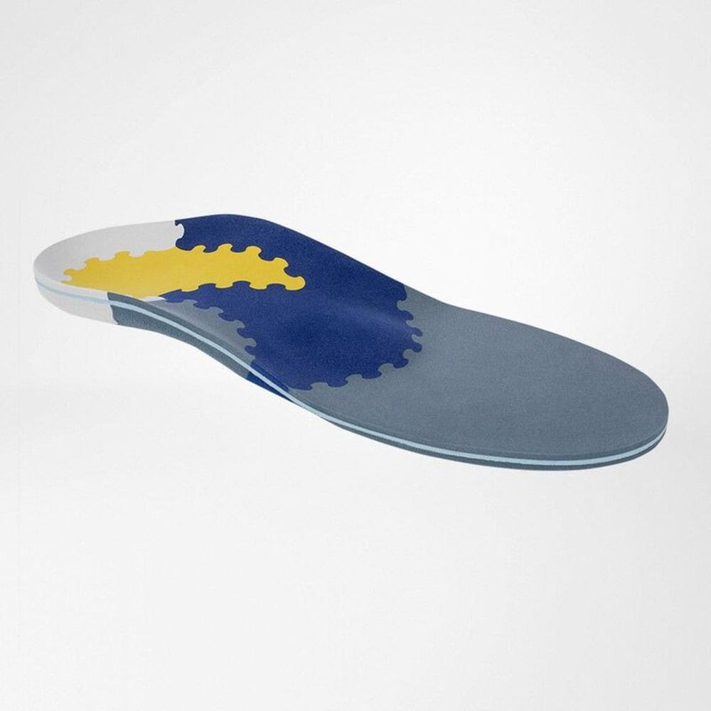 TRIactive® Soft heel 1 FRISKFYSIO anatomische inlegzool ontwerp met blauw en gele accenten, geschikt voor voet- en houdingsondersteuning.