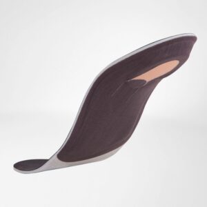 Schematische afbeelding van een ergonomische schoen- of inlegzoolpositie met een gebogen, dempende ondersteuning voor rug- of beenpijn.