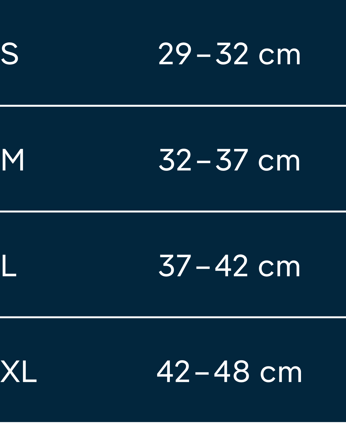 Size chart for the Bauerfeind Sports Knee Strap: S 29–32 cm, M 32–37 cm, L 37–42 cm, XL 42–48 cm.