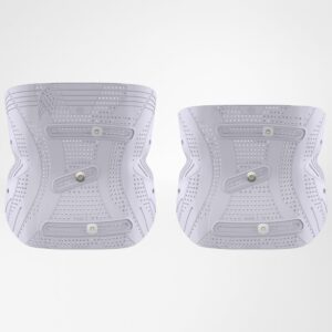 FriskFysio productafbeelding van twee lichtgrijze schokdempers/hielbeschermers met perforaties en bevestigingspunten.