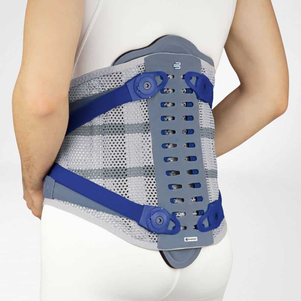 Spinova® Support Plus 1 Friss straps en rugorthese die rugondersteuning bieden bij rugklachten; orthopedische brace bevestigd rondom de onderrug en buik met ademende netstof en verstelbare pols- en heupbanden.