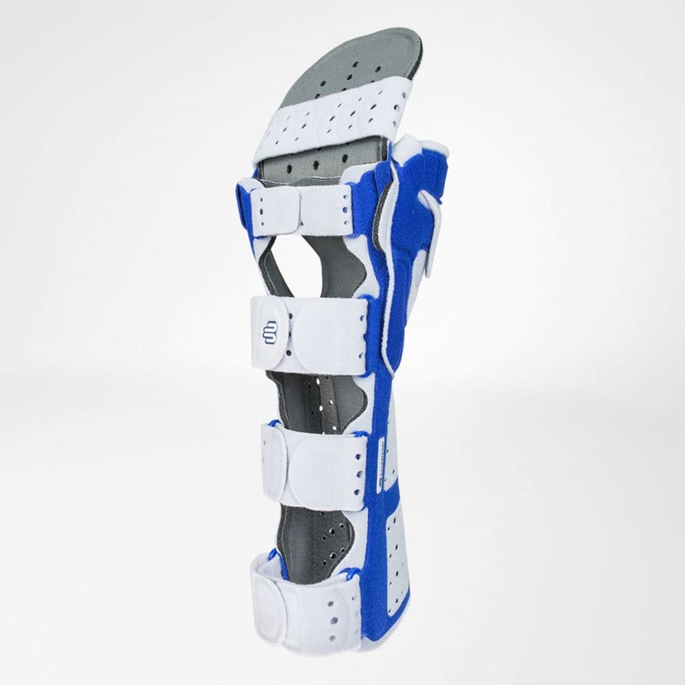 ManuLoc® Rhizo long Plus 2 Knee brace or orthopaedic support with white and blue straps for support and stabilisation.