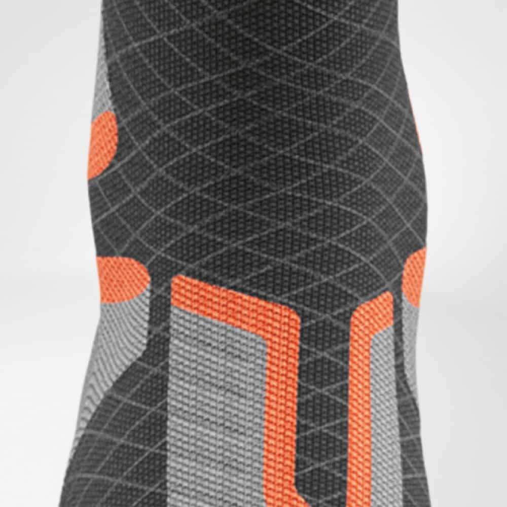 Ski Performance Compression Socks 5 FriskPhysio sportmedische kniebrace met groen oranje accenten en geometrische patronen op grijze ondergrond.