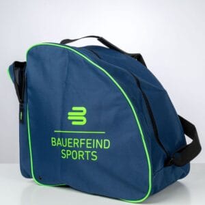 Sporttas met logo Bauerfeind Sports in felgroen op donkerblauw, met neon groene piping en draagbanden.