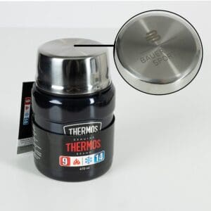Thermos vloeibare thermosfles met roestvrij stalen deksel, zwart zonnekap en Thermos merklogo voor wandel- en outdoorgebruik.