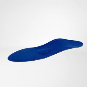Blauw orthopedisch inlegzooltje met perforatie voor ademendComfort en ondersteuning.