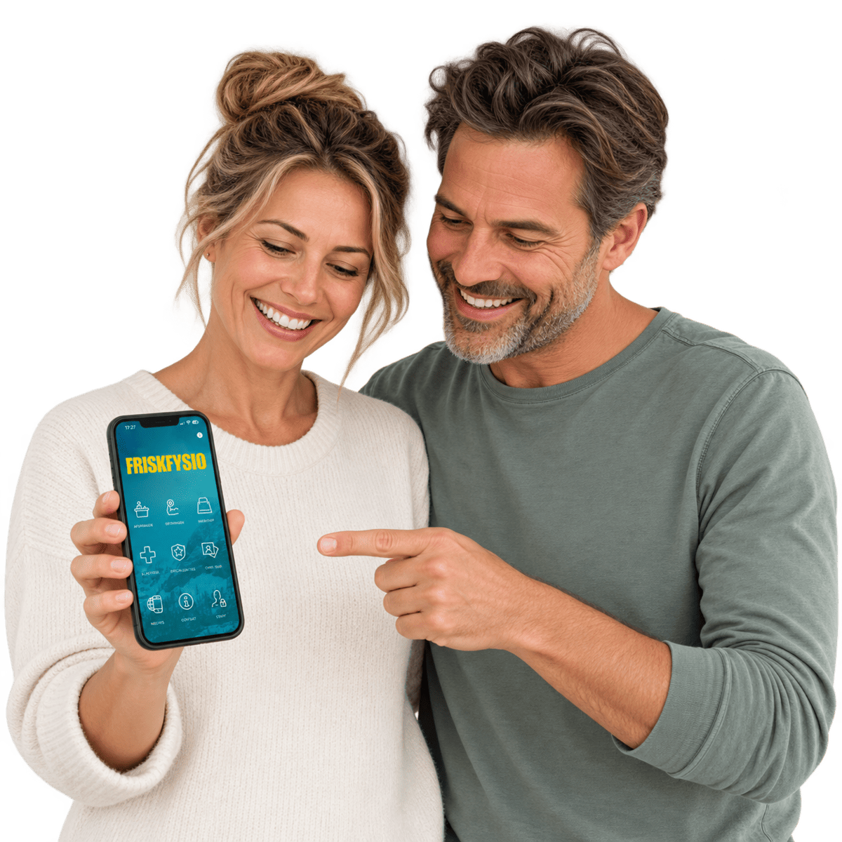 Two smiling adults are looking at the FRISK App together on a mobile phone.