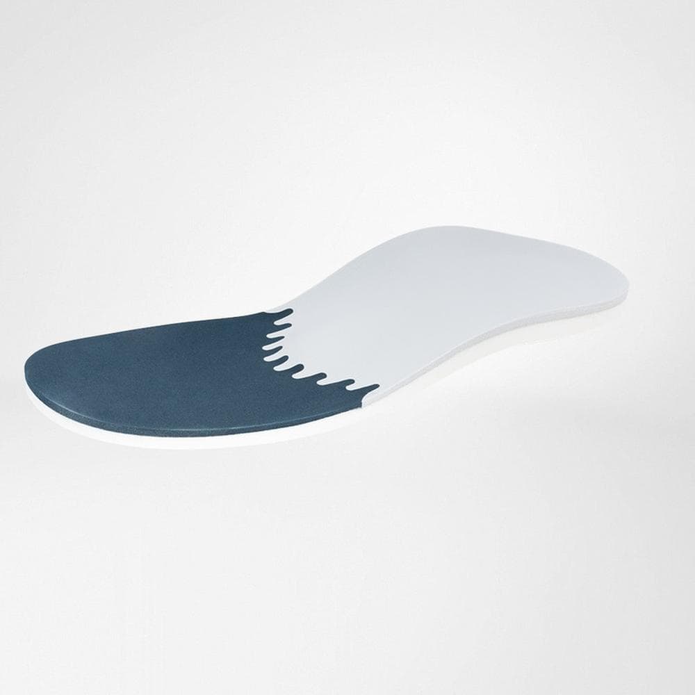 GloboTec® Soft 5 Frispress- of dubbele ondersteunende voetinleg met navy en lichtgrijze kleuren op witte achtergrond.