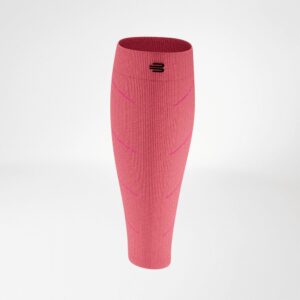 Roze compressiekousen kniehoog sportkous met logo, ideale ondersteuning tijdens training en herstel.