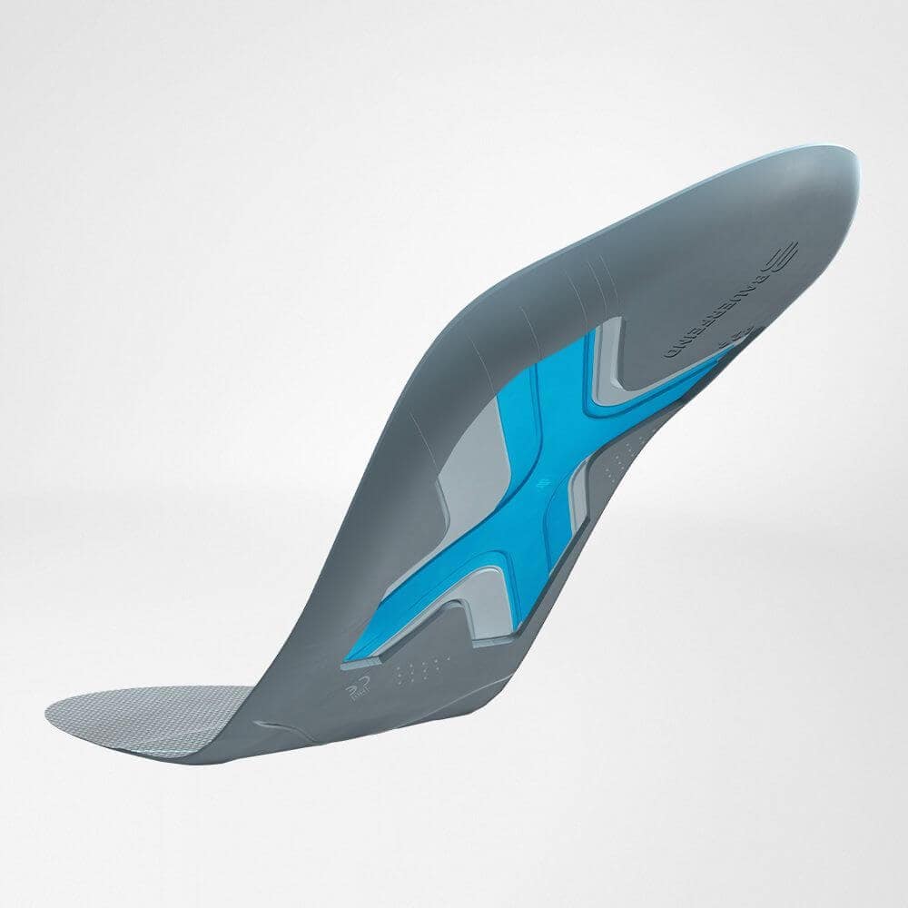 Run Performance Insoles 4 Friss Fysio sportzool brugsklaar ontwerp in grijs met blauw accent, hoogwaardig inlegkussen en curves voor optimale steun.