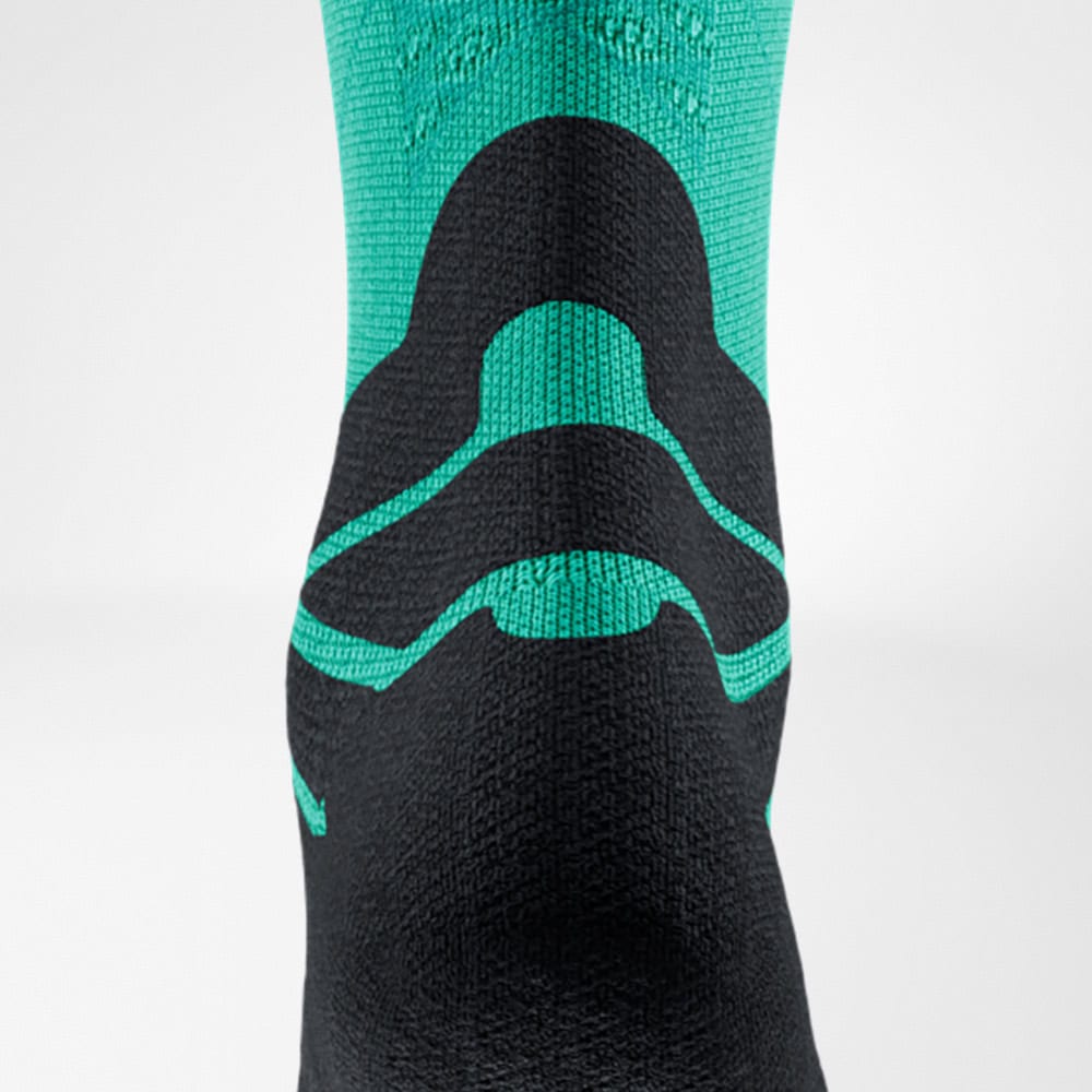 Run Performance Mid Cut Socks 8 Frskfysio.nl afbeelding van een sportstud sock met turquoise en zwarte patronen, close-up van enkelgebied en schoenenrand.