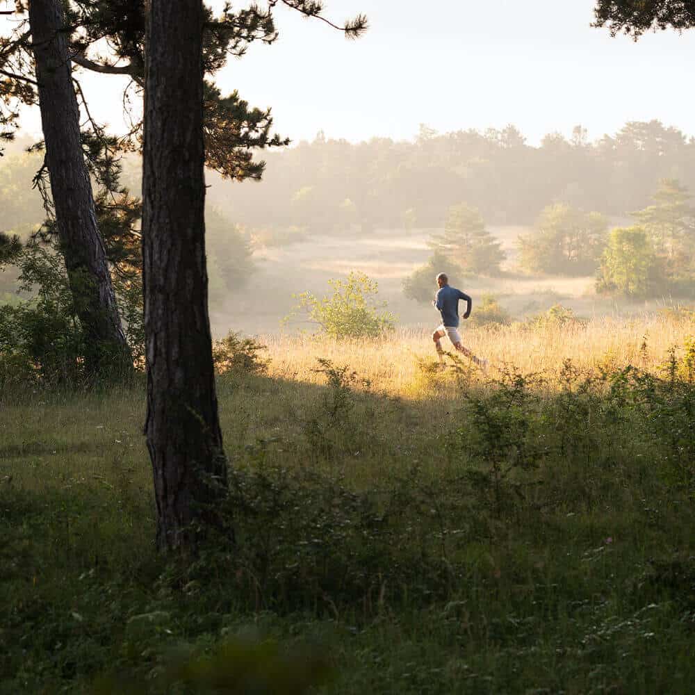 Run Performance Insoles 5 Hardloper rent in open veld met zonsopgang, bomen op de achtergrond, bosrijke omgeving, rustige atletische beweging, FriskFysio gerelateerde beelden.