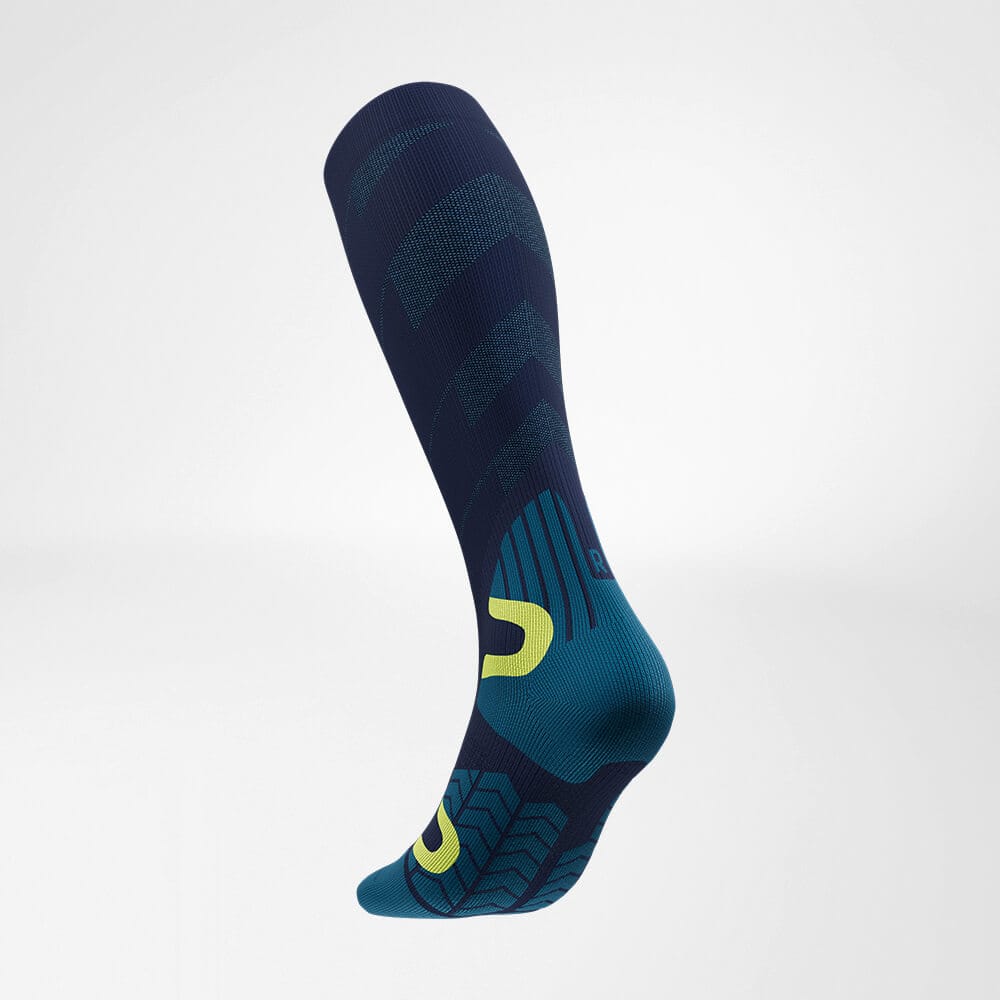 Ski Touring Compression Socks 3 FriskFysio sports socks in dark blue with light blue and neon yellow accents, designed for comfort and performance.