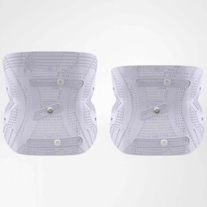Twee witte rugszorg- of draagbanden/porteurs met verstelbare scharnieren en veringsponsen, ontworpen voor fysiotherapie en comfort.