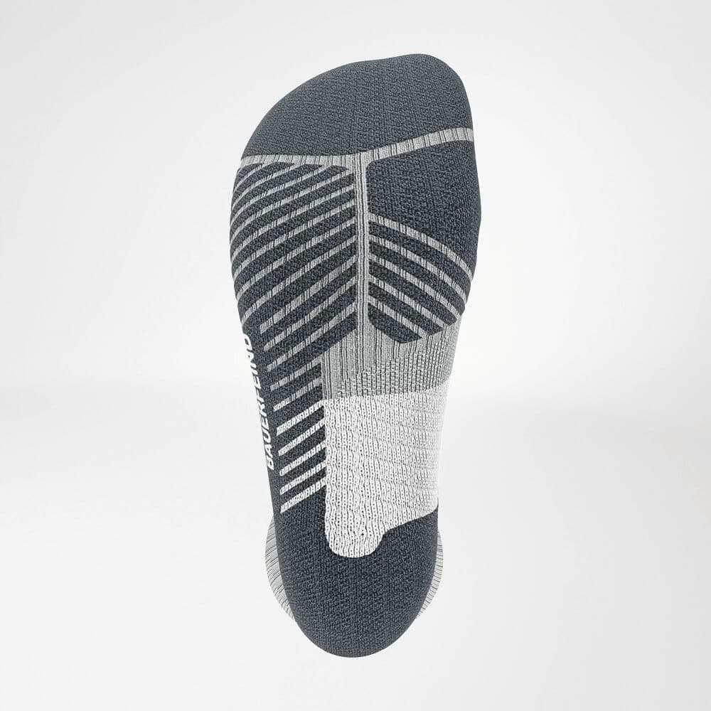 Trail Run Mid-Cut Socks 4 Frisk Fysio sports socks with grey and white geometric patterns, seen close up on the foot.