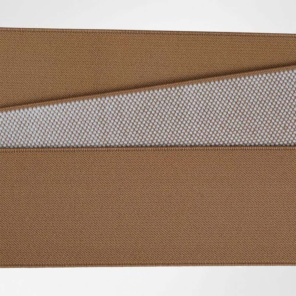 VenoTrain® curaflow armkousen 9 Brede bruine riemen met een diagonale band van gespikkelde stof, strak geweven textuur.
